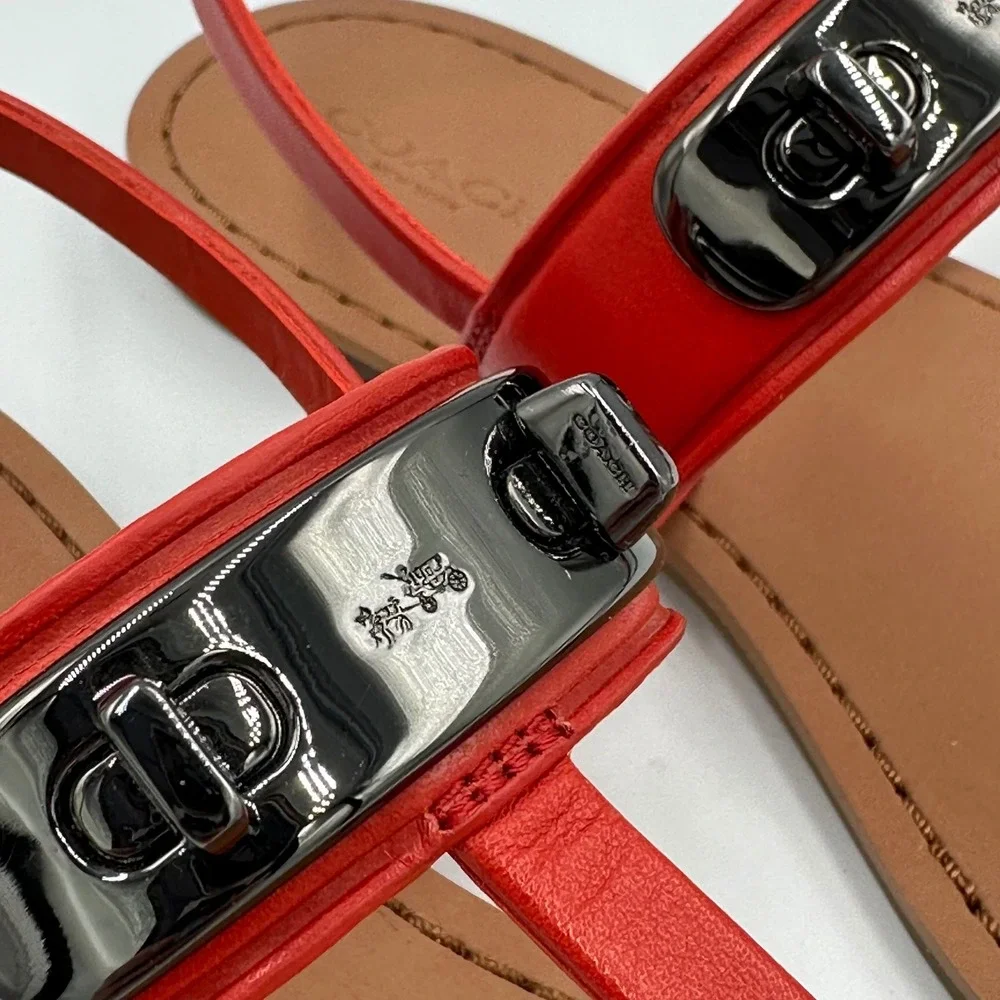 Coach Red Leather T-Strap Sandals